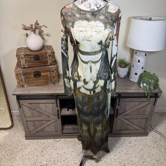 VTG Vivienne Tam for Cache Mesh Buddha Long Sleeve Maxi Dress Sz M Y2k 90's RARE - Picture 1 of 9